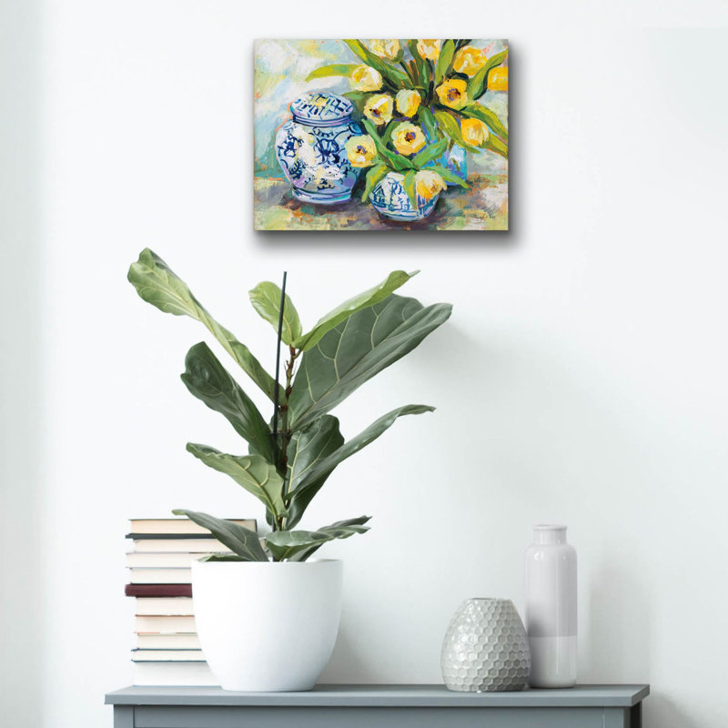 «Tulips Chinoiserie» par Jeanette Vertentes, art mural en verre acrylique, H 12 po x l 16 po x P 0,13 po
