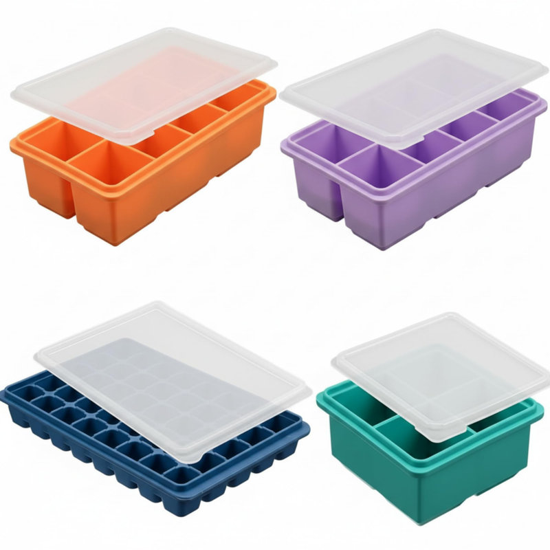 Ensemble de moules de congélation en silicone pour moule à glaçons en silicone avec couvercle et grand récipient pour ranger les restes de bouillon de sauce à soupe (4 couleurs)