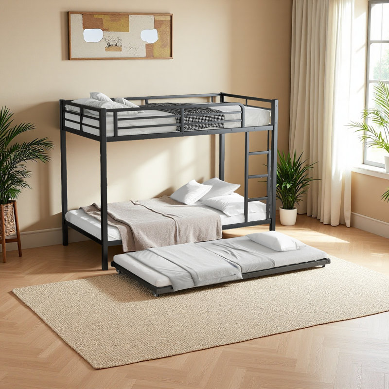 Metal Bunk Bed With Trundle, Black, Twin XL over Twin XL