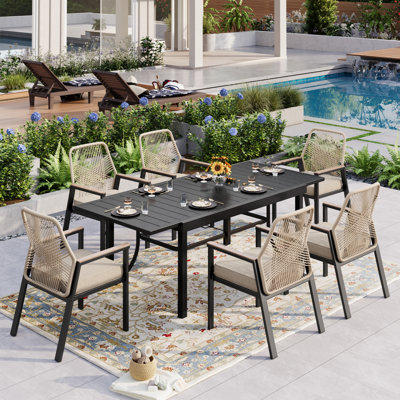 Rectangular 84'' L Outdoor Patio Extendable Dining Set With Rattan Chairs