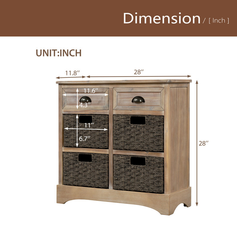 Armoire de rangement rustique avec deux tiroirs et quatre paniers en rotin classiques pour la salle à manger / salon
