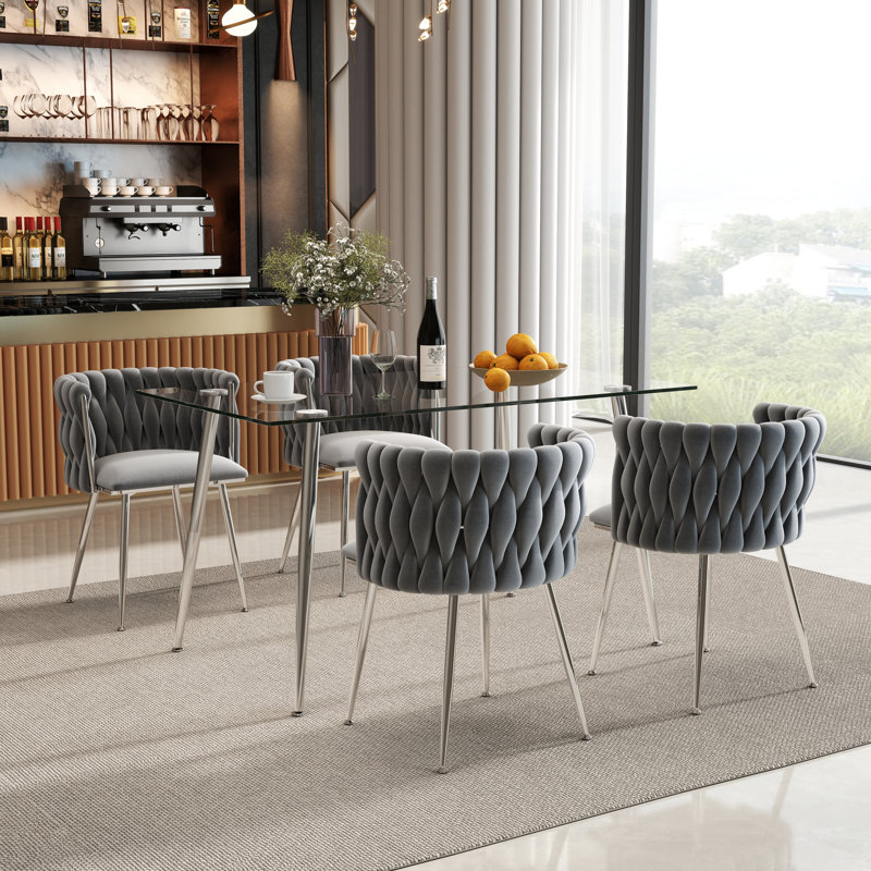 Ensemble de salle à manger rectangulaire moderne avec chaise rembourrée, 5 pièces: table, 4 chaises, Gris/argent