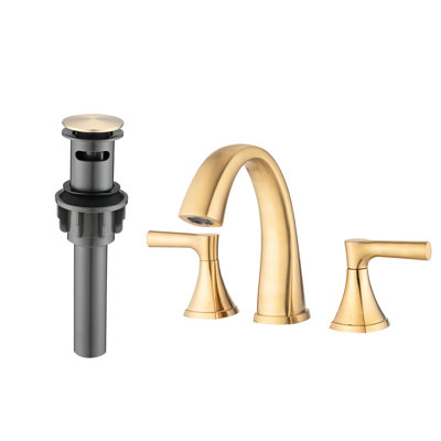 Robinet de baignoire à large entraxe - 3 trous, 2 poignées, fini doré brossé, bonde clic-clac, pour salle de bain sécurisée et résistante aux rayures.