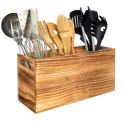 Porte-ustensiles en bois pour comptoir de cuisine - Grand range-ustensiles 3 compartiments