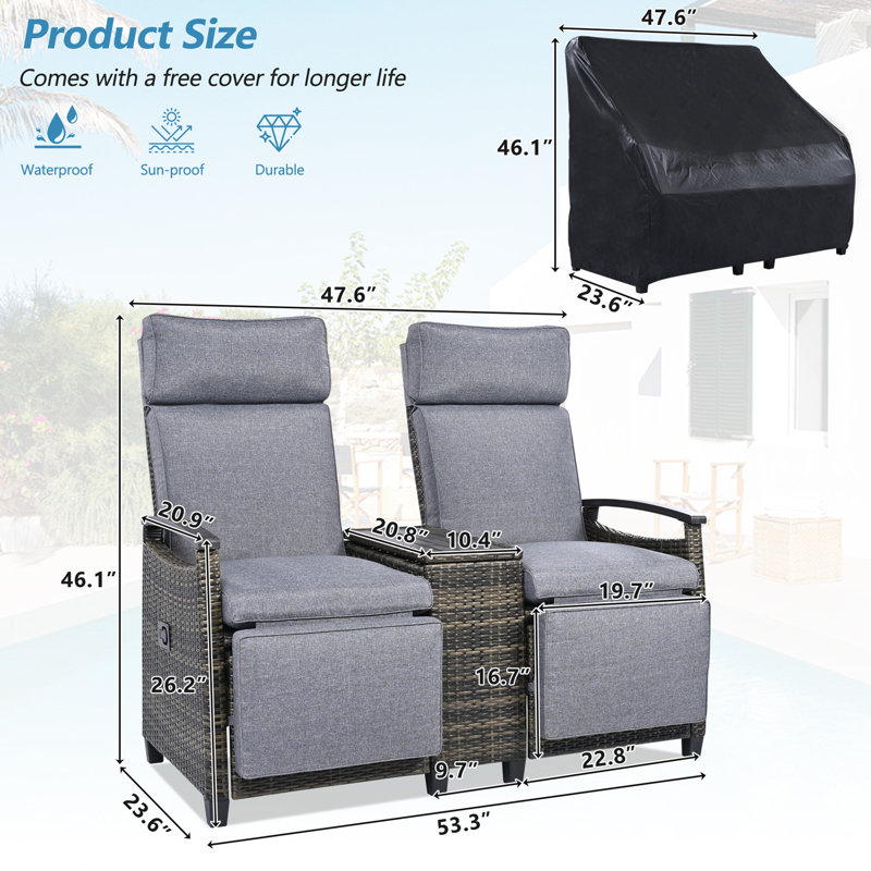 Patio Recliner Loveseat Chair with Adjustable Backrest and Built-in Storage Table, Grey