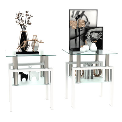 2 tables modernes en verre trempé, tables basses carrées et de bout pour le salon, transparent / blanc, poids brut de 39,6 lb, facile à nettoyer de 2 tables, intérieur, blanc transparent, base en métal et assemblage