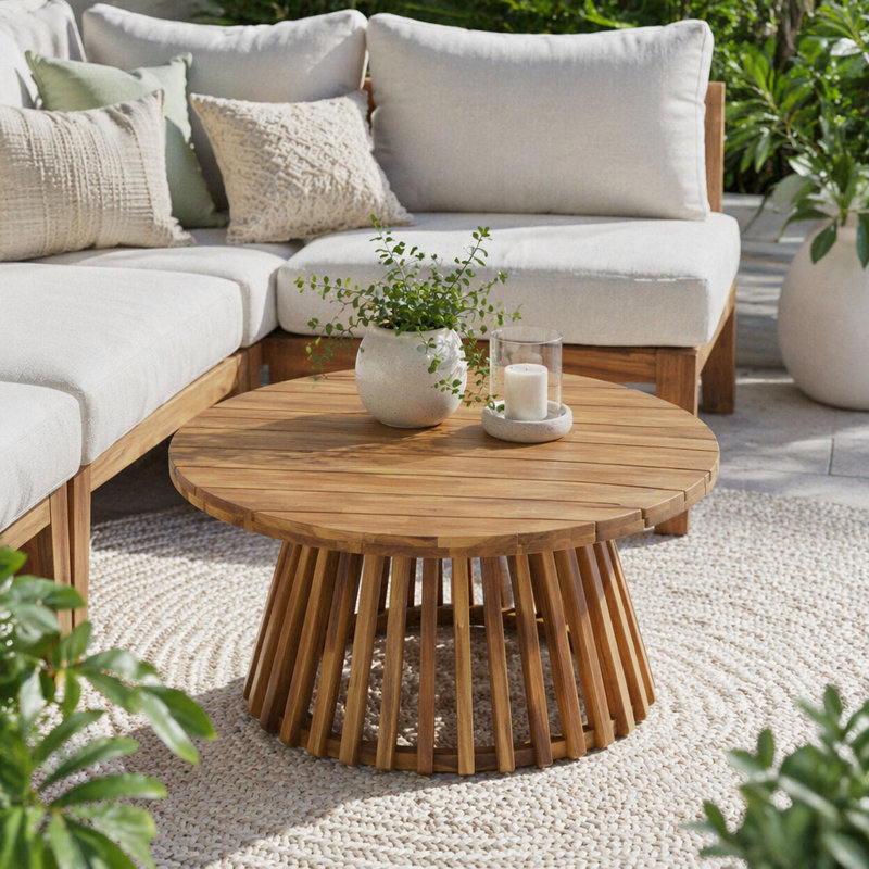 Table basse ronde d'extérieur en bois d'acacia, Teck