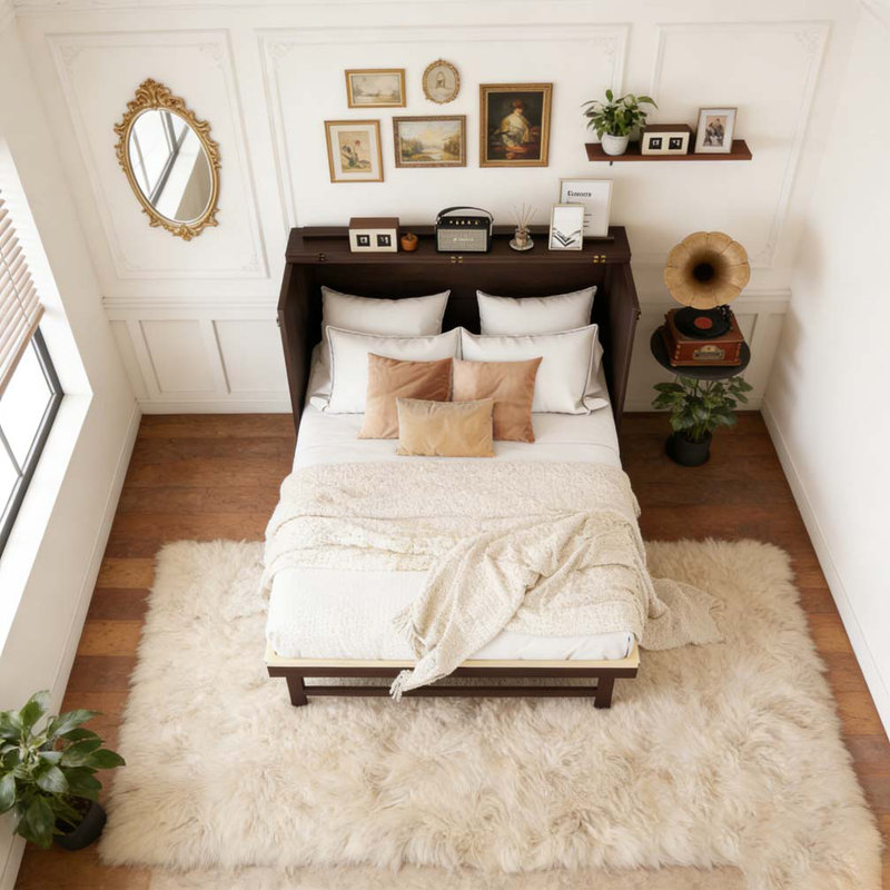 Grand lit escamotable, armoire-lit en bois de pin avec décoration en rotin et tiroir de rangement, Espresso