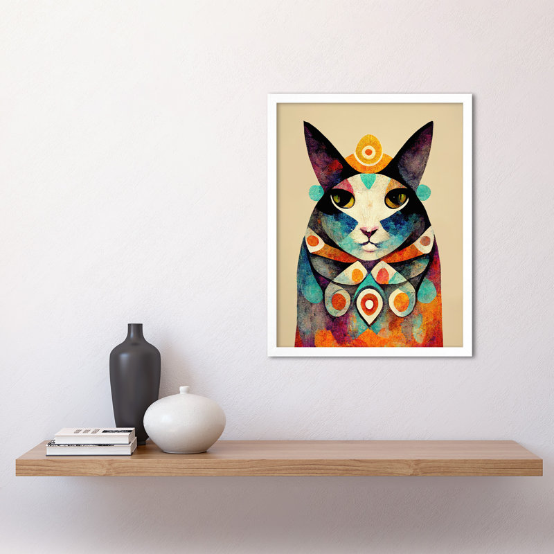 Boho Abstract Modern Shaman Guru Cat - Painting, 43cm H x 33cm W, White Framed Paper