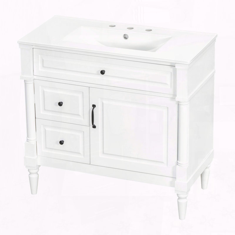 Meuble-lavabo moderne de 36 pouces avec lavabo en cÃ©ramique et tiroir Ã  abattant, White