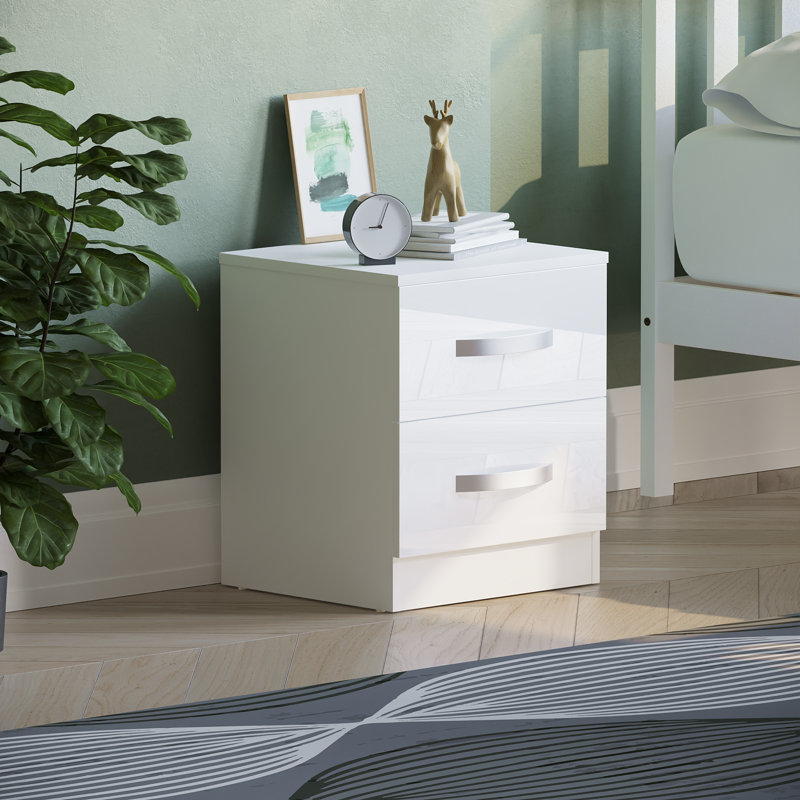 Arkadij 2 Drawer Beside Table With Metal Runners, Modern Bedroom Storage Cabinet, White
