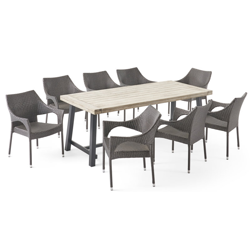 8 - Person Acacia Wicker Patio Dining Set with Rectangular Table, Light Gray/Gray/Black