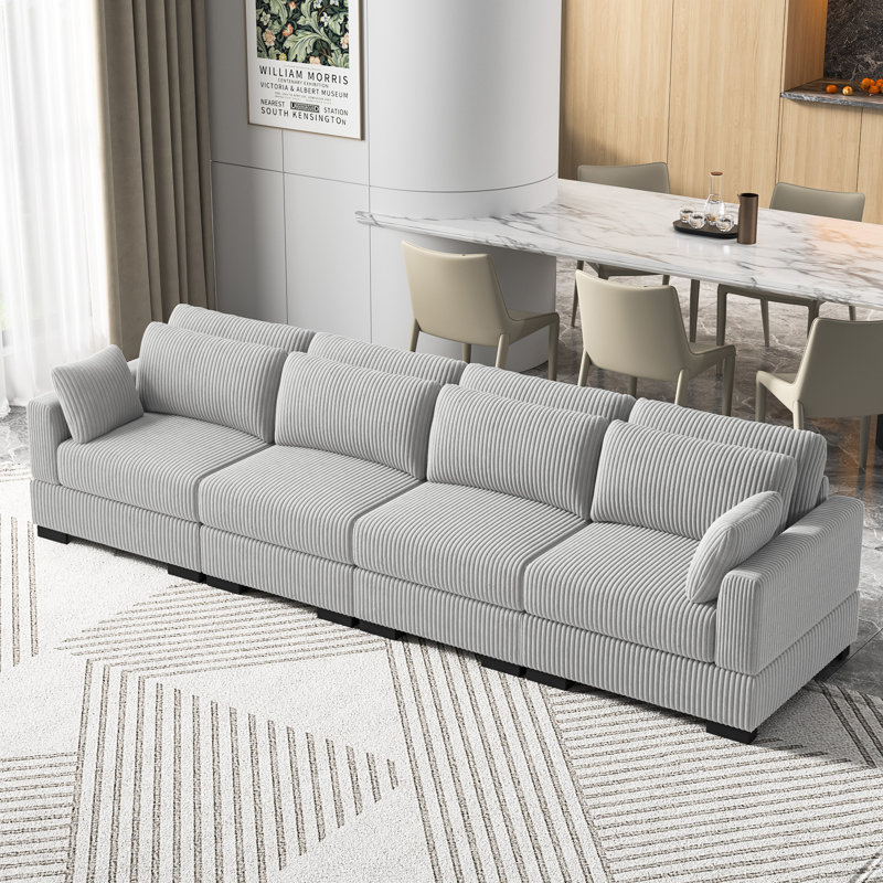 Canapé moderne rembourré en velours côtelé de 130 po, Velours côtelé gris Perola, H 33,5 po x l 130 po x P 34,6 po, 4