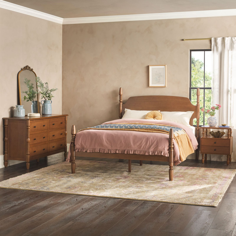 3-Piece Traditional Vivienne Queen Bed with Walker Edison Easy Assembly 2-Drawer Nightstand and 6-Drawer Dresser, Dark Brown