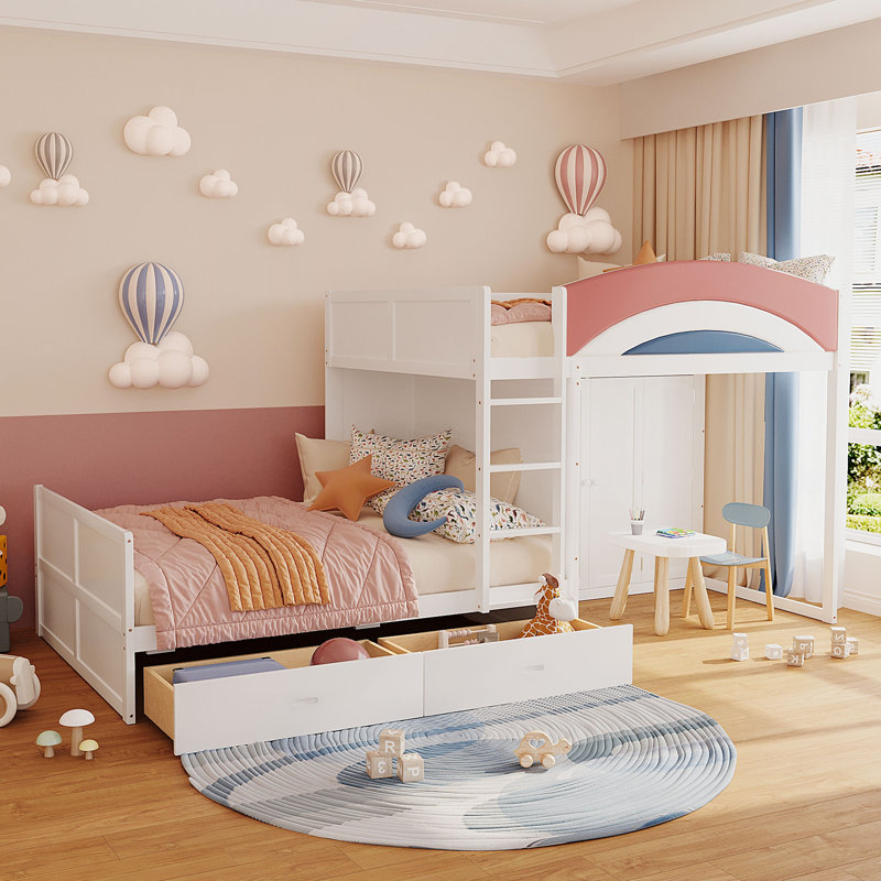 Full Size Offset Bunk Bed with Wardrobe, Drawers & Upholstered Guardrail – Kids & Teens Storage Bunk, White, White
