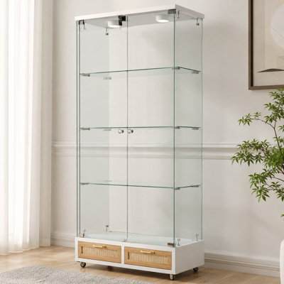 White+Natural Glass Display Cabinet Combo, Double Doors & Drawers, LED Color Lighting, for Living Room Bedroom