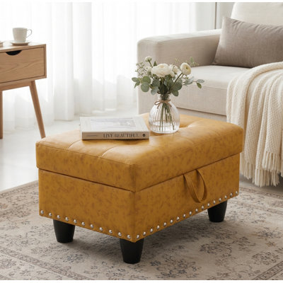 Yellow Faux Leather Storage Ottoman with Tufted Top & Nailhead Trim