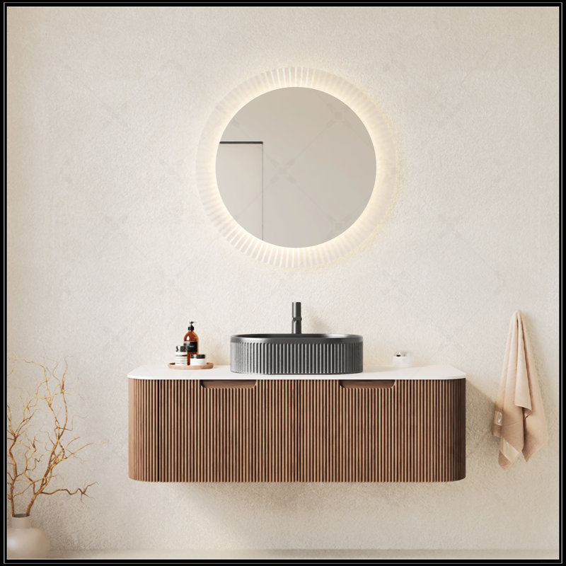 Meuble-lavabo mural moderne avec rebords courbés, armoire rayée, vasque en céramique noire et tiroir, grain de bois noyer foncé, pré-assemblé