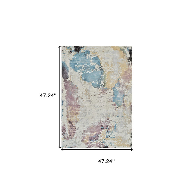 Tapis abstrait délavé beige et bleu 4 pi x 6 pi