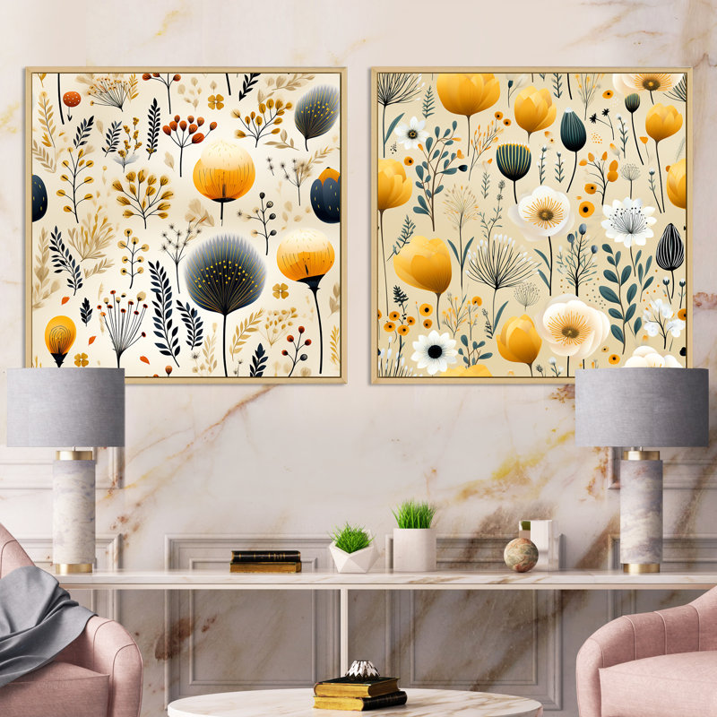 Elyne - Ensemble de 2 collages carrés botaniques abstraits, Cadre flottant brun, H 30 po x l 61 po