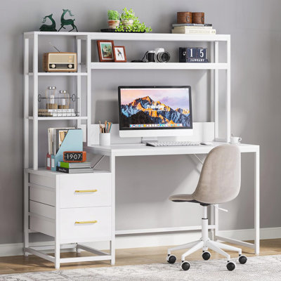 55 Inch Computer Desk with Hutch, 2 Drawers and Open Shelves, Modern Home Office Desk with Storage