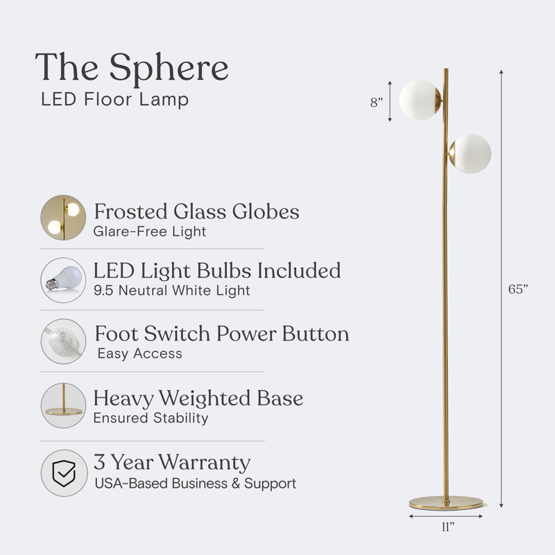 Sphere 65 in. Modern LED Energy-Efficient Floor Lamp in Brass Finish with 2 Glass Globe Shades