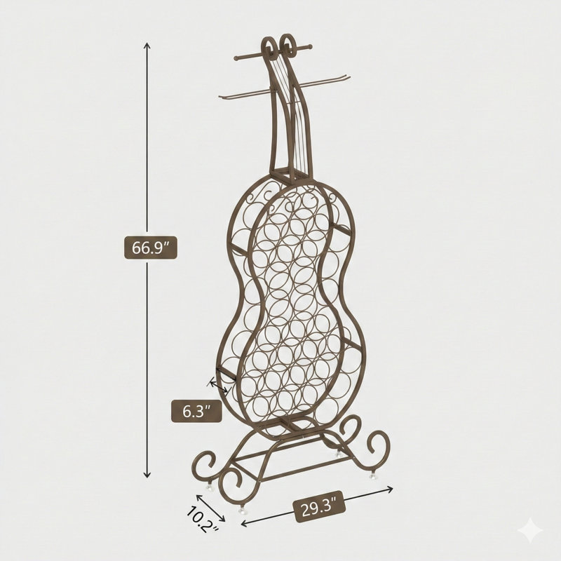 Unité de rangement autoportante en forme de violoncelle, fonctionnant comme un support à vin avec un espace pour les bouteilles. Cette pièce offre un rangement pour les boissons alcoolisées et le vin, agissant comme un organisateur adapté aux bars à domicile dans les cuisines ou les salles à manger.