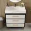 Meuble-lavabo autoportant moderne avec lavabo vasque en céramique et plateau en pierre frittée durable-431709808-431709809