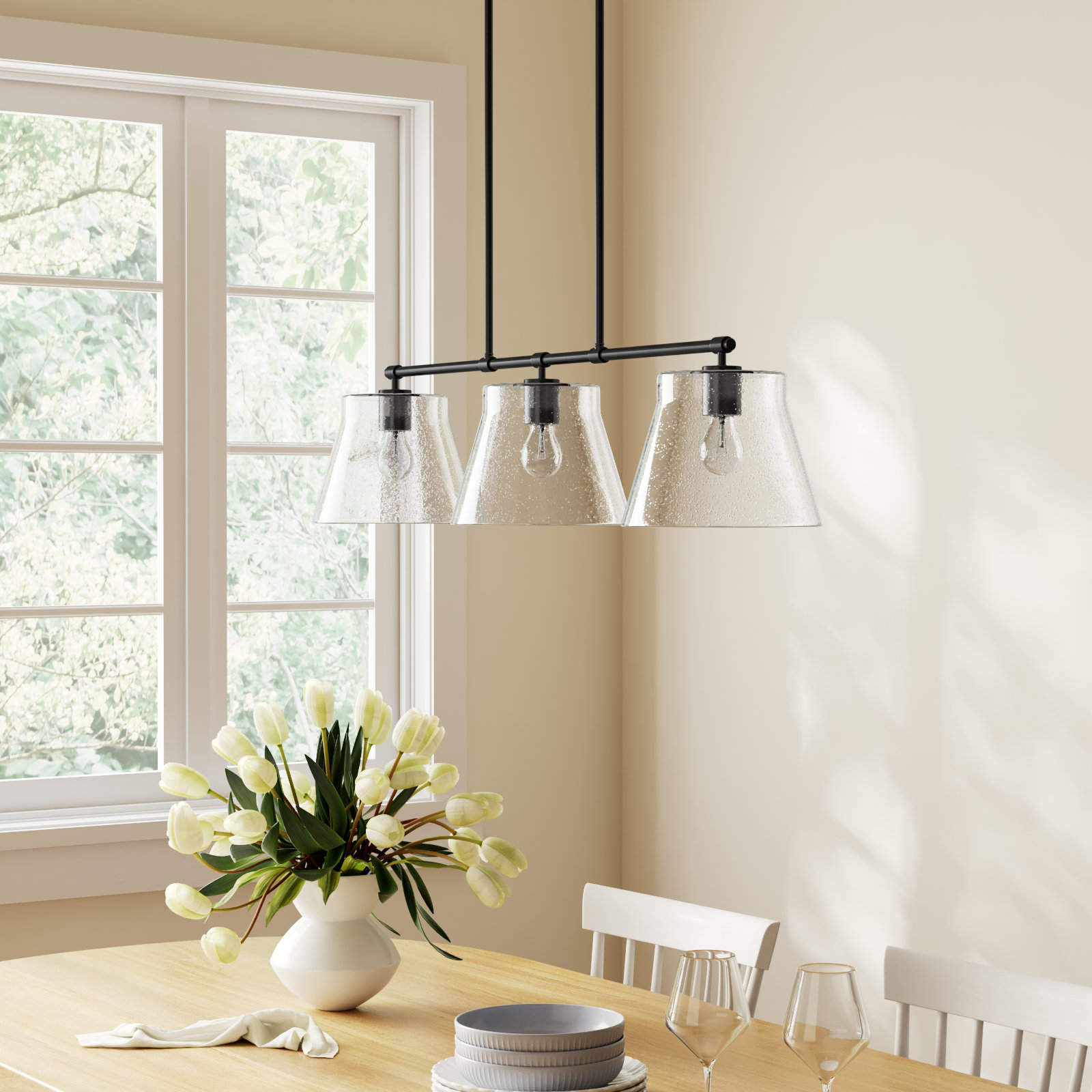 Alorie 3 Light Glass Dimmable Pendant, Matte Black