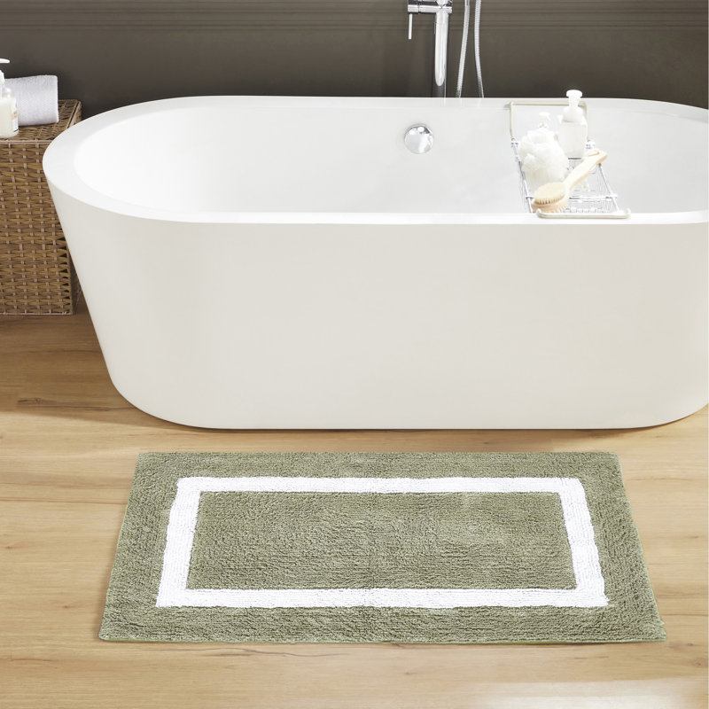 Tapis pour salle de bain réversible 100% coton Widman, Rectangle 24 po x 40 po, Sauge foncé / blanc
