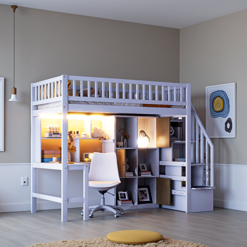 Lit mezzanine à DEL avec bureau intégré et multi-rangement, Blanc