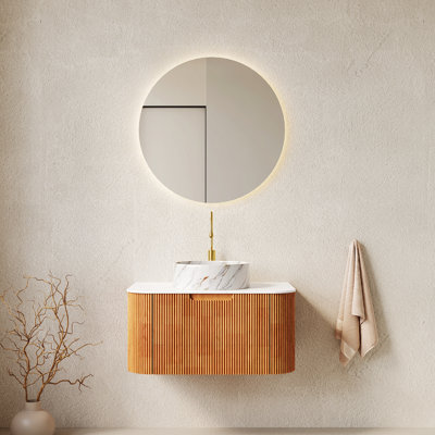 Meuble-lavabo de salle de bain avec lavabo, meuble de rangement mural avec tiroir, lavabo rond en céramique