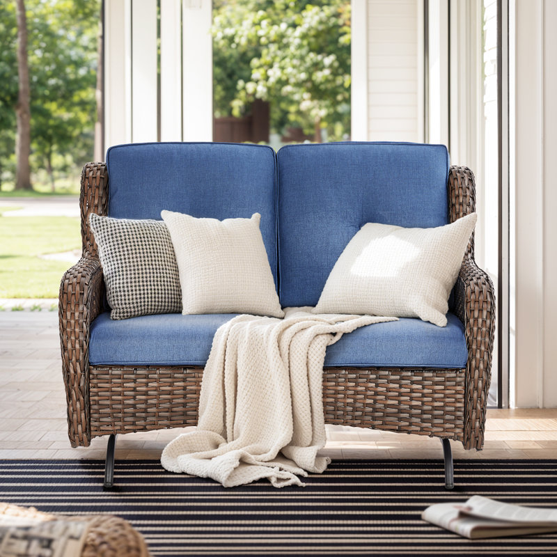 Wendye 2 Seat Stylish Patio Loveseat Glider Sofa With Water-Resistant Olefin Cushions, Blue, Brown