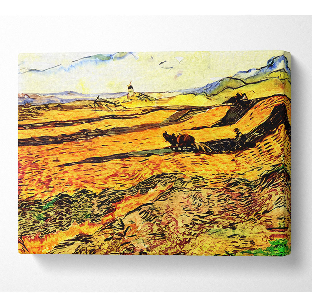 Van Gogh Feld mit Pflüger und Mühle - Kunstdrucke auf Leinwand