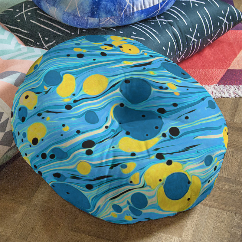 Coussin de plancher tourbillons, 26 po x 26 po, Bleu / Jaune
