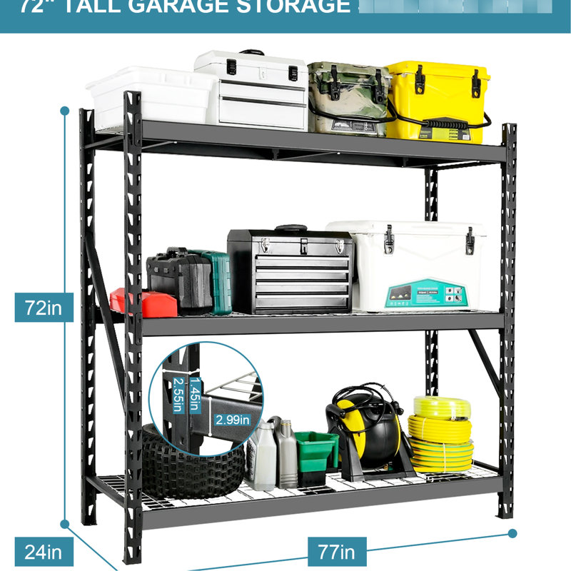 Étagère de garage en métal robuste, H 72 po x l 77 po, capacité de 6 000 lb, 3 tablettes réglables pour sous-sol industriel, noir, H 72 po x l 77 po, garage, cuisine,