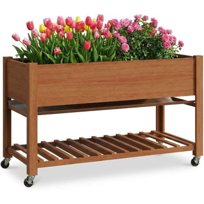 Lit de jardin surélevé avec roues, jardinière surélevée de 48 x 24 x 30 pouces avec roulettes verrouillables et tablette de rangement, lits de jardin en bois pour les légumes, les fleurs, le patio, le jardinage