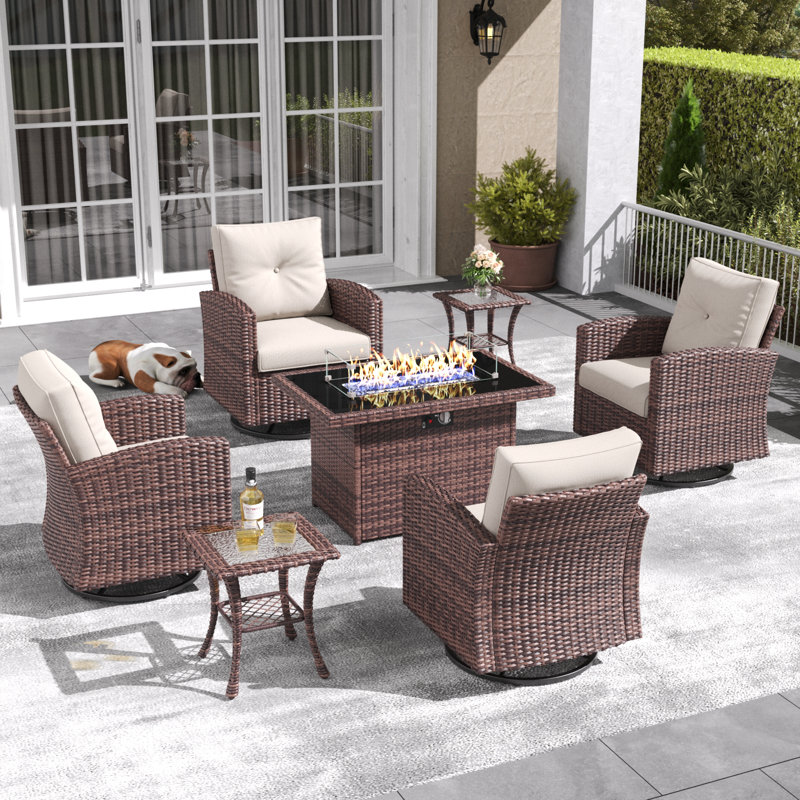 Lark Manor™ 7 Pieces Patio Furniture Set with Swivel Chairs, Rattan Wicker Rocking Glide Chairs with 44" Propane Gas Fire Pit Table Conversation Set