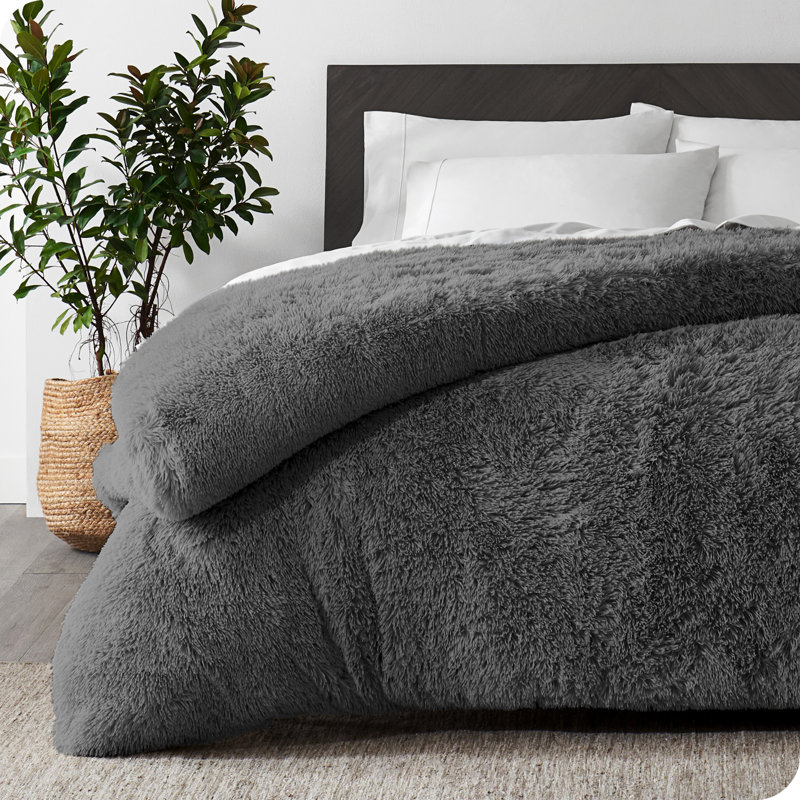 Gray King/California King Shaggy Faux Fur Duvet Cover