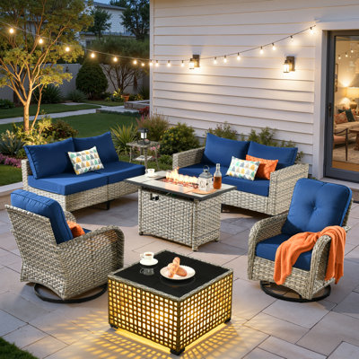 Ensemble de mobilier de patio pour 6 personnes avec chaise berçante pivotante, ensemble de conversation modulaire en rotin et osier avec coussins, ensemble de conversation pour canapé toutes saisons avec foyer pour table de jardin	