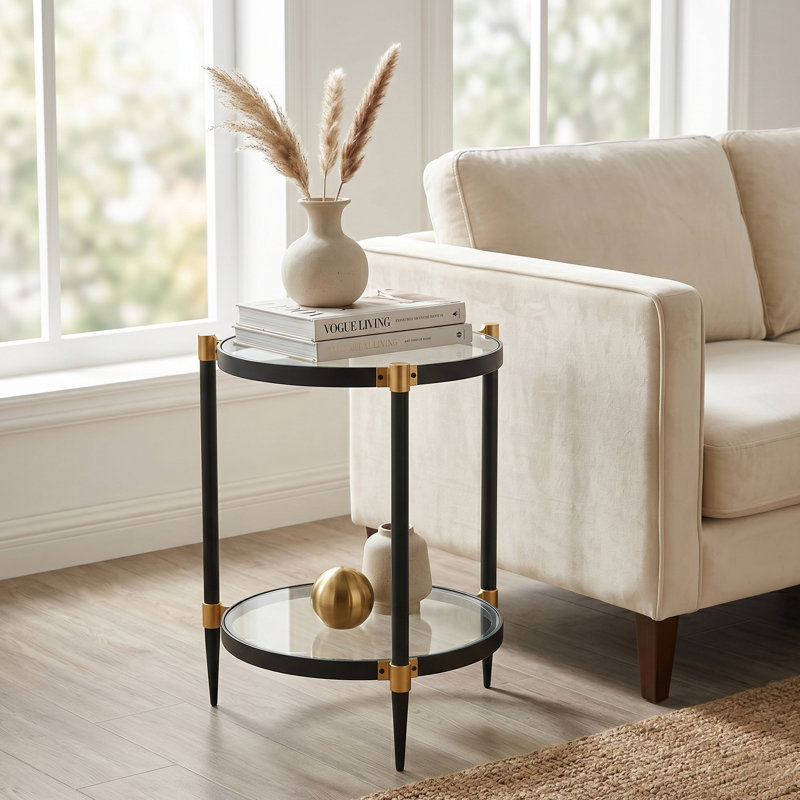 21" Round 2-Tier Tempered Glass End Table, Matte Black & Glossy Gold Metal Side Table, Modern Nightstand for Living Room & Bedroom