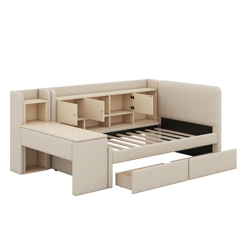 Twin Size Upholstered Daybed With Drawers, Shelves, Flip Cabinets & Side Table, Beige