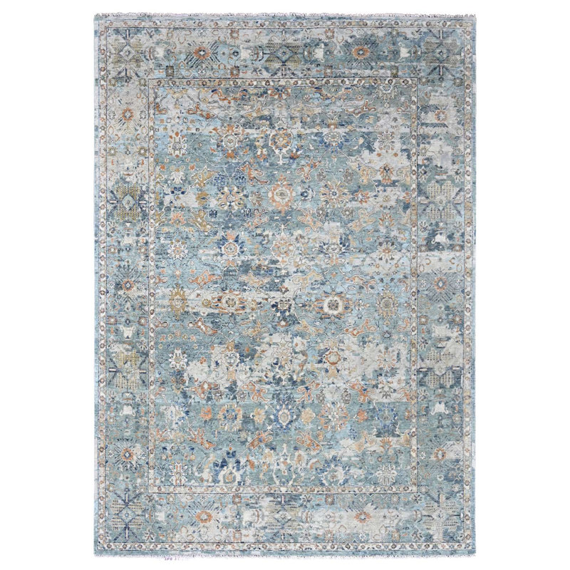 Tapis oriental 8 pi 10 po x 11 pi 10 po bleu argenté, persan Abrash avec motif de feuilles, 100% laine pure, velours zéro, rasage bas, noué à la main