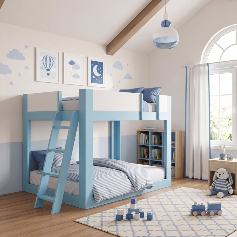 Lit superposé convertible en bois, taille standard, avec échelle réversible et barrières de sécurité, bleu et blanc, Bleu