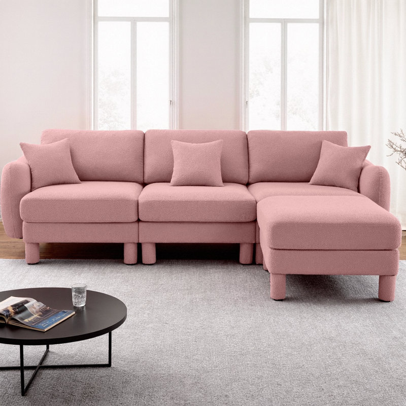Canapé modulaire en L convertible en tissu avec accoudoirs en coquille Boucle, canapé moderne à 3 places avec repose-pieds amovible et pieds cylindriques, revêtement en polyester doux