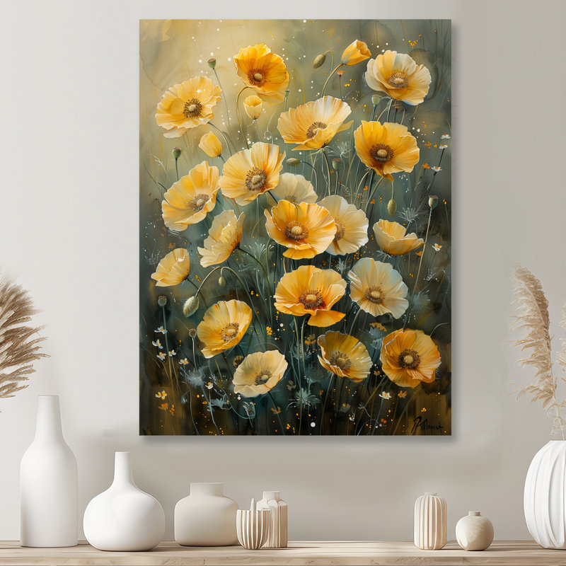 «Yellow Poppies Whispers Of Joy II», impression d'art mural coquelicots, Métal métal, H 30 po x l 40 po