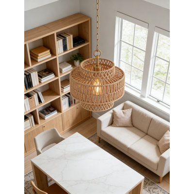 Luminaire suspendu en rotin tissé à la main avec cadre doré - mini lustre tambour à 3 niveaux pour îlot de cuisine, salle à manger, chambre à coucher et éclairage de vestibule
