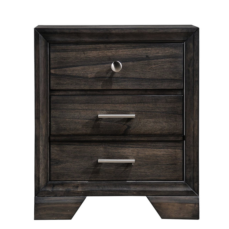 Table de chevet en bois massif gris foncé à 3 tiroirs, finition de glissement en métal de style contemporain