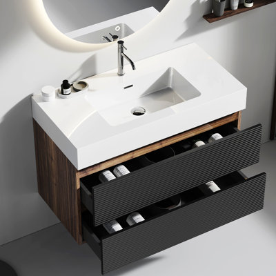 36" Grace Walnut Bathroom Buffet - Wall Mounted With Glossy White Sink And Soft Black Drawer Buffets Vanity Unit Basin Bottom Drawers