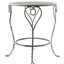 Table d'appoint ronde en fer 26 x 26 x 30 po avec finition argentée patinée, pieds torsadés et détails en forme de cœur, pour la décoration de chambre à coucher